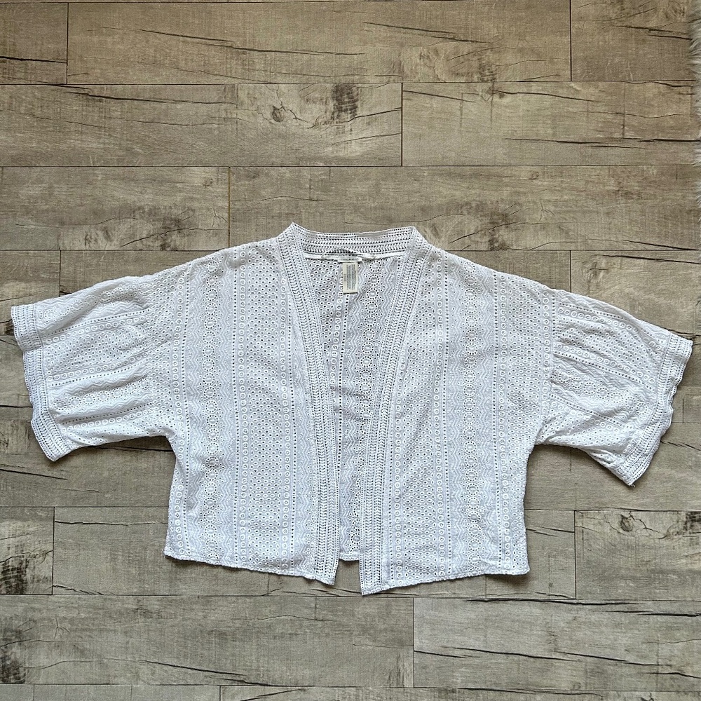 Lucky Brand Crochet Eyelet Lace Wide Sleeve Oversized White Festival Cardigan